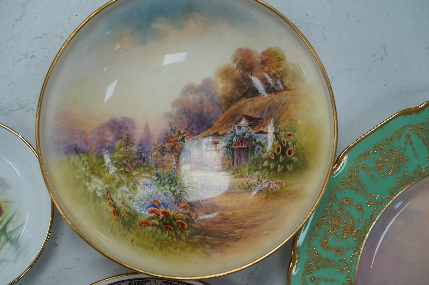 Five Worcester cabinet dishes, each signed, including Jas Stinton, largest 22cm. Condition - fair to good